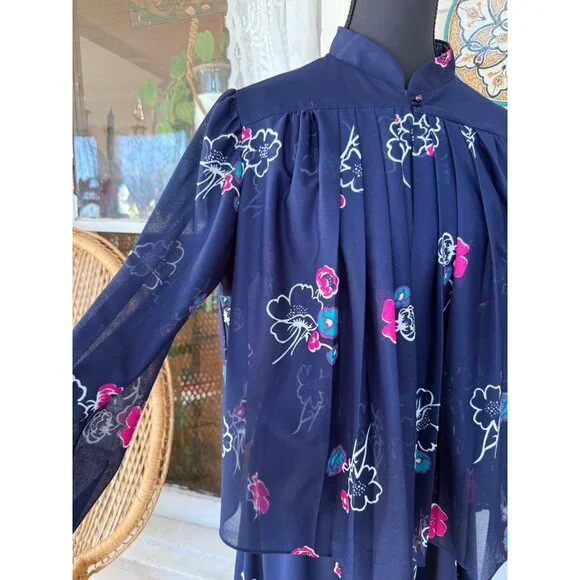 Vintage 70's MOD 2 Piece Dress Jacket Blue Pink Floral Size M Poly Knit - Picture 12 of 16